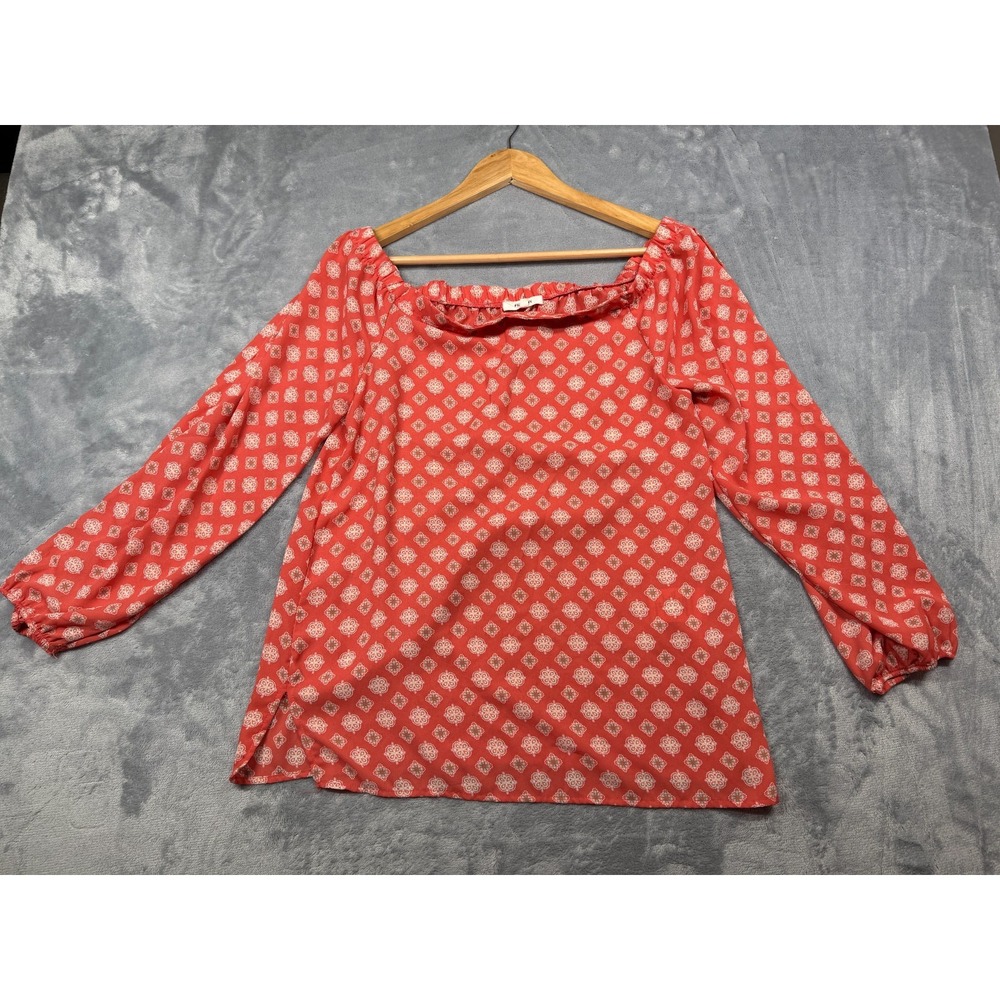 Pleione Blouse Top Womens Small Red Geometric Print Balloon Sleeve Everyday Wear